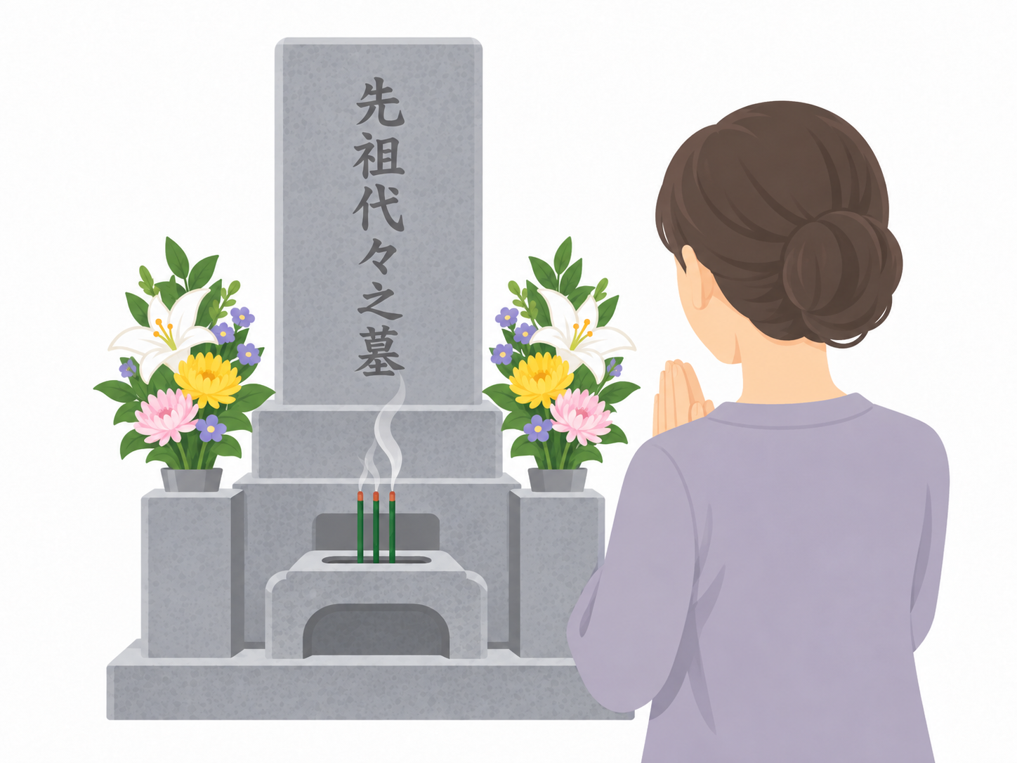 墓前で合掌し、お念仏を称える姿