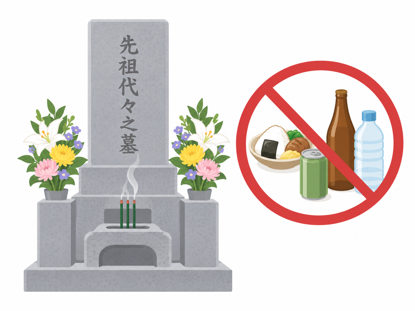 お墓への食べ物や飲み物のお供えを控えることを示すイラスト