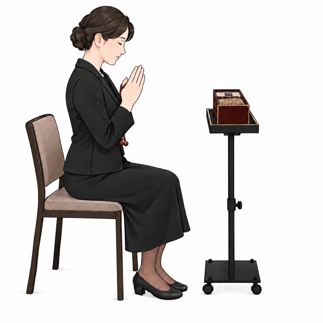 数珠を掛けて合掌し、ご本尊に向かう姿